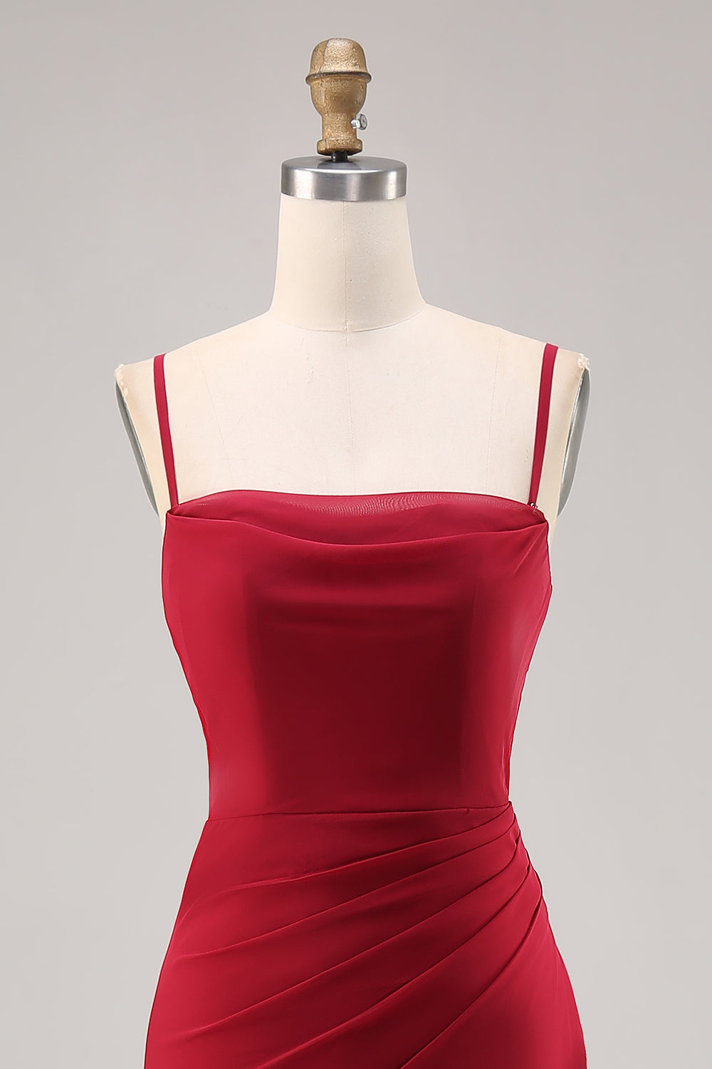 Dark Red Ruched Chiffon Spaghetti Straps Long Bridesmaid Dress with Slit