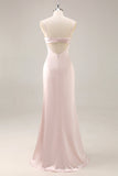 Candy Pink Satin Mermaid Ruched Long Bridesmaid Dress with Slit