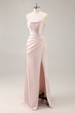 Candy Pink Satin Mermaid Ruched Long Bridesmaid Dress with Slit