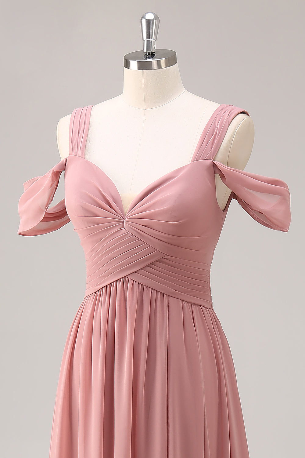Dusty Rose Cold Shoulder Chiffon Ruched Long Bridesmaid Dress with Slit