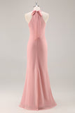 Blush Halter Mermaid Chiffon Long Bridesmaid Dress with Bow