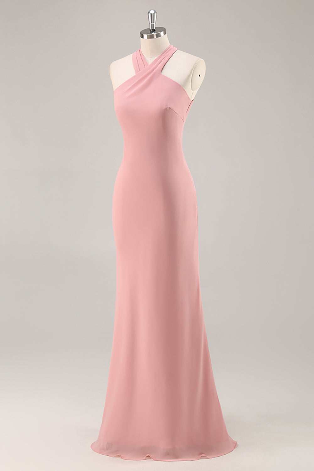 Blush Halter Mermaid Chiffon Long Bridesmaid Dress with Bow