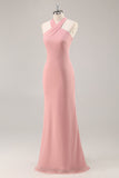 Blush Halter Mermaid Chiffon Long Bridesmaid Dress with Bow