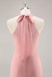Blush Halter Mermaid Chiffon Long Bridesmaid Dress with Bow