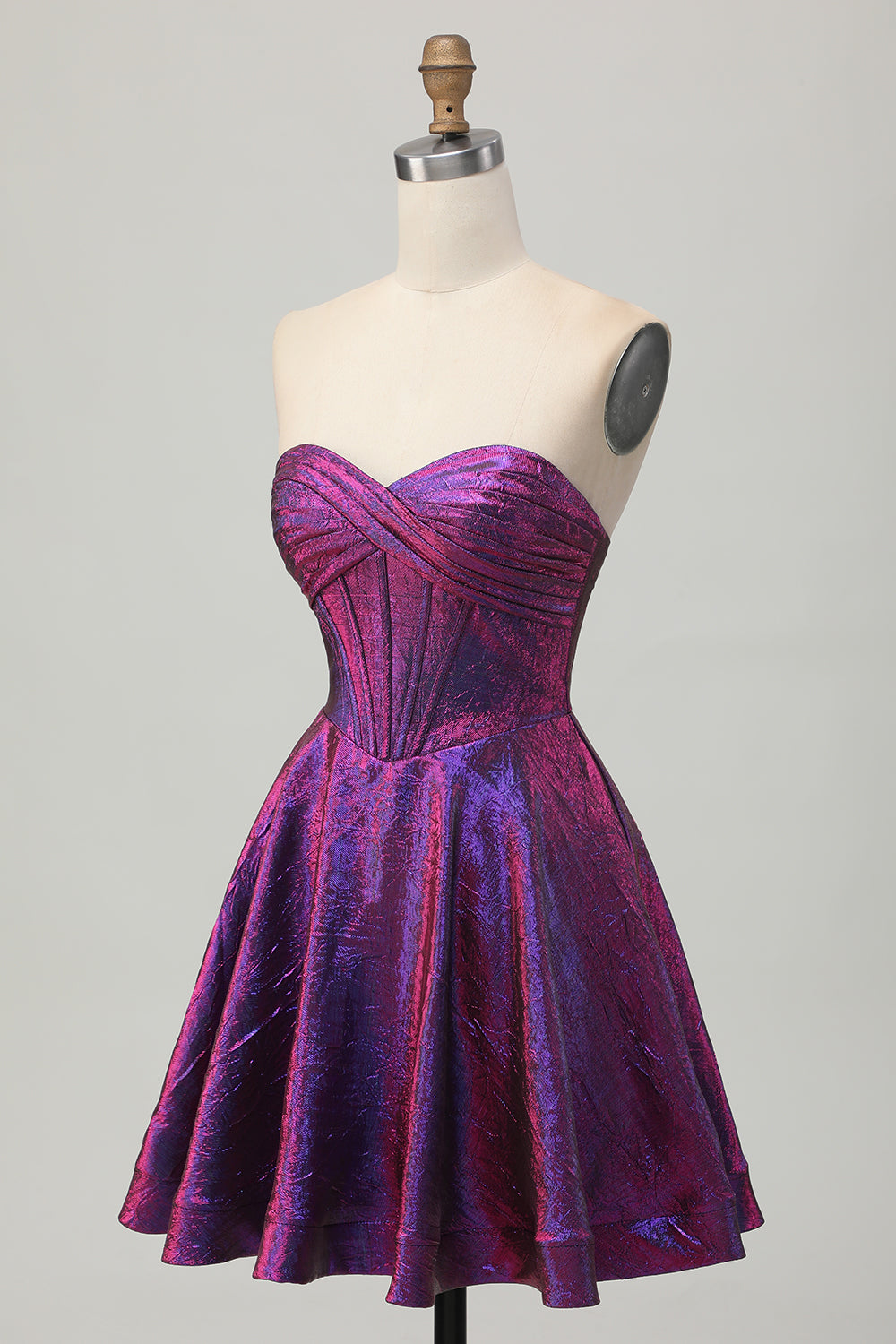 Metallic Dark Purple Strapless Corset Short Prom Dress