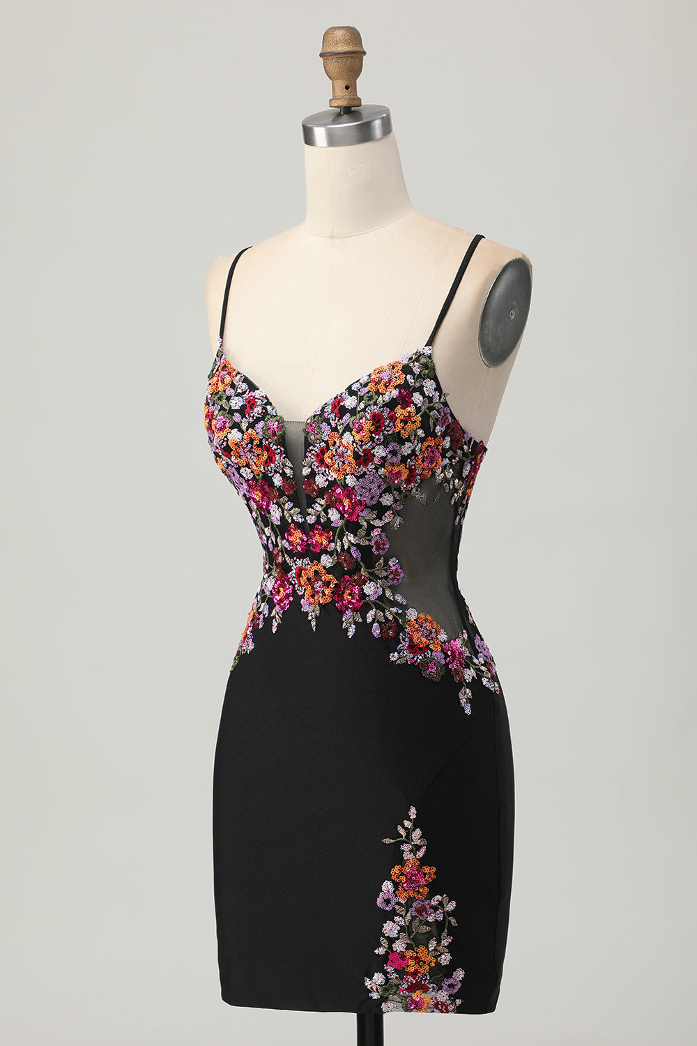 Black Bodycon Flower Spaghetti Straps Mini Cocktail Dress