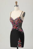 Black Bodycon Flower Spaghetti Straps Mini Cocktail Dress