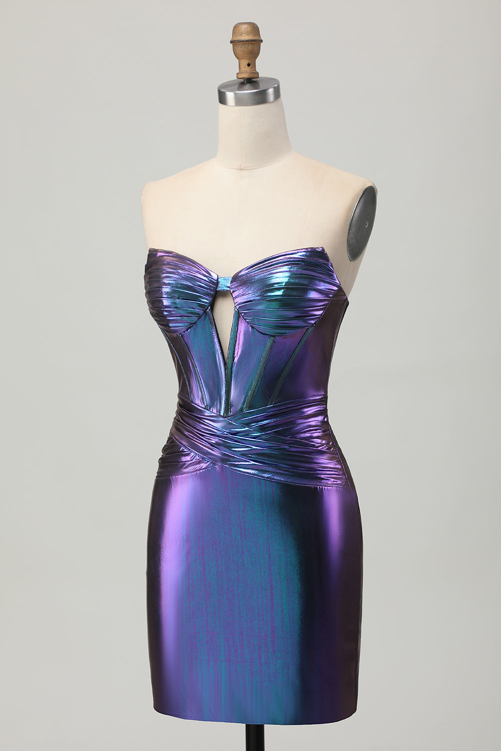 Metallic Blue Purple Strapless Cut Out Corset Tight Cocktail Dress