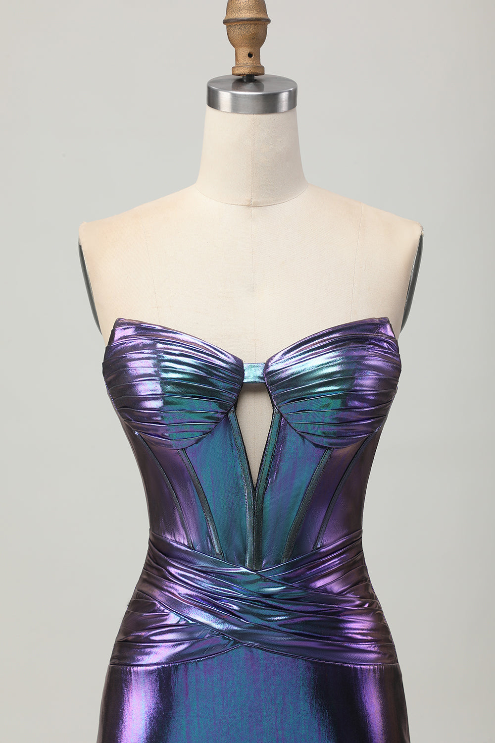 Metallic Blue Purple Strapless Cut Out Corset Tight Cocktail Dress