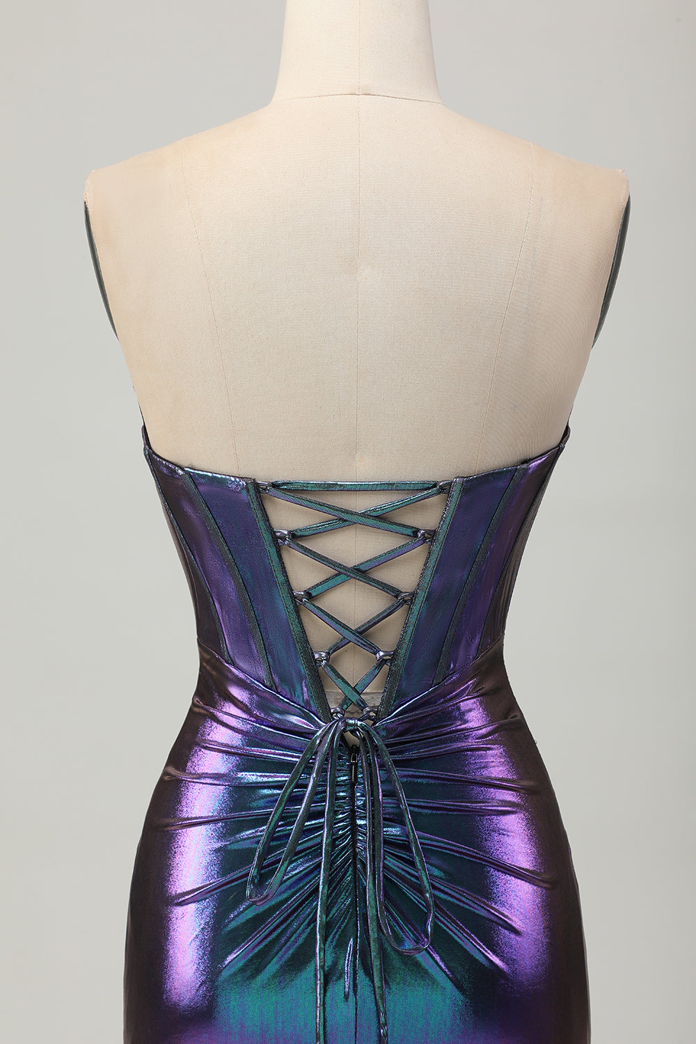 Metallic Blue Purple Strapless Cut Out Corset Tight Cocktail Dress