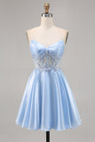 Light Blue Strapless A Line Short Cocktail Dress with Sequins
