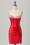Strapless Red Bodycon Beaded Corset Cocktail Dress with Slit