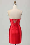 Strapless Red Bodycon Beaded Corset Cocktail Dress with Slit