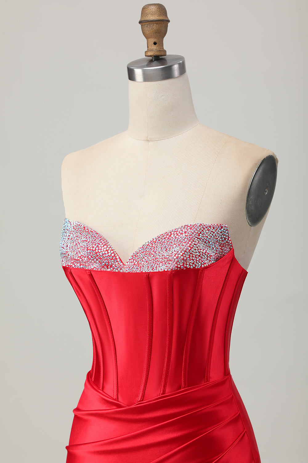 Red Bodycon Strapless Beaded Corset Cocktail Dress with Slit