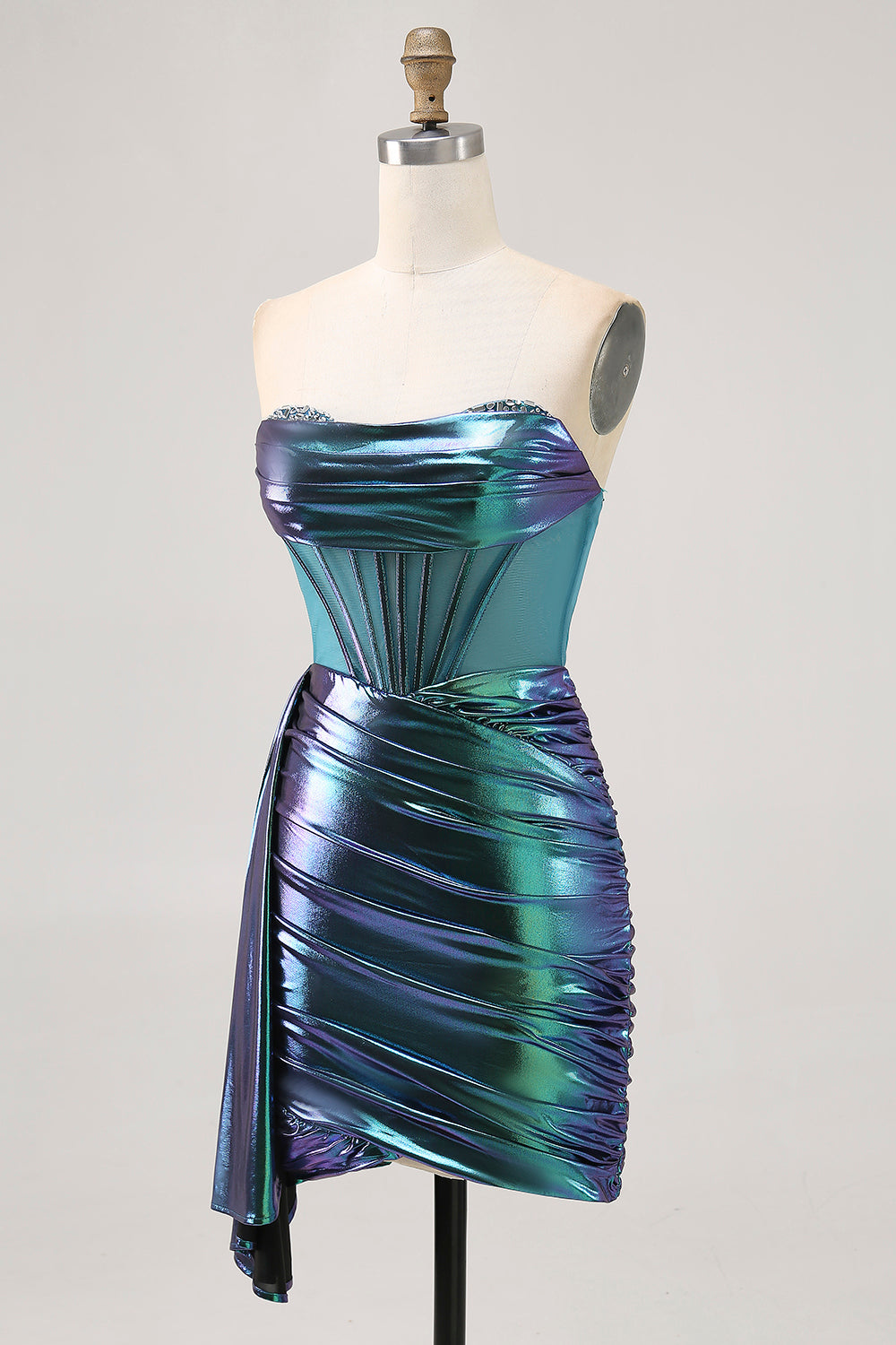Metallic Green Corset Ruched Bodycon Short Prom Dress