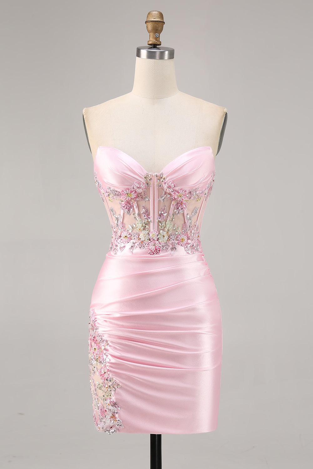 Candy Pink Satin Bodycon Short Corset Cocktail Dress with Applique