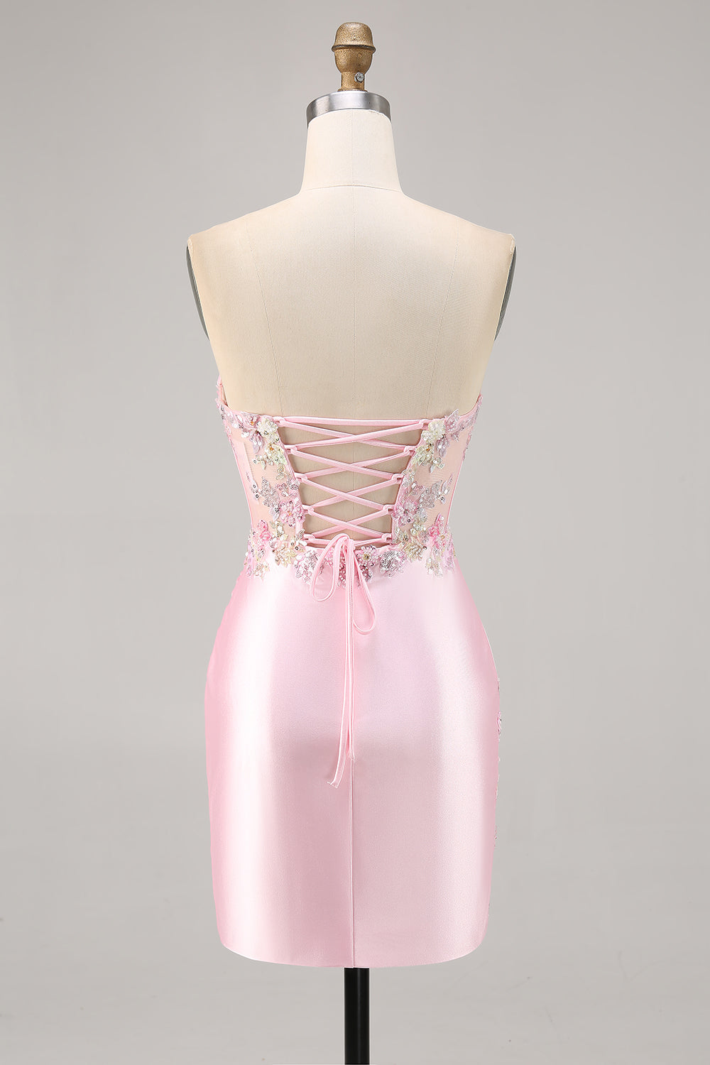 Candy Pink Satin Bodycon Short Corset Cocktail Dress with Applique