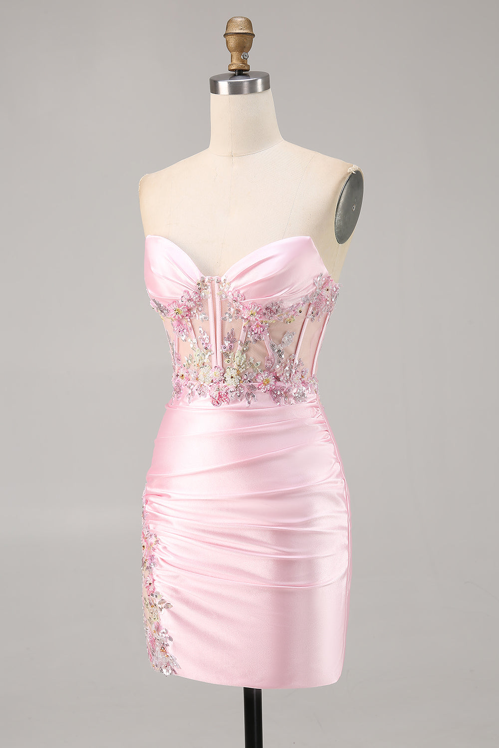 Candy Pink Satin Bodycon Short Corset Cocktail Dress with Applique