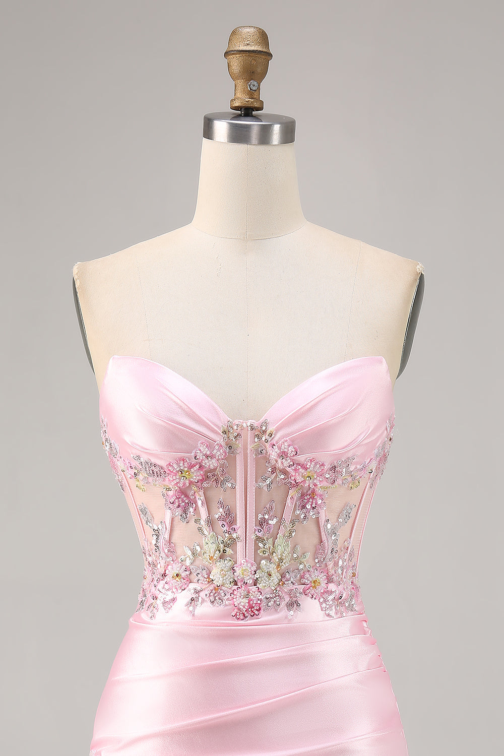 Candy Pink Satin Bodycon Short Corset Cocktail Dress with Applique