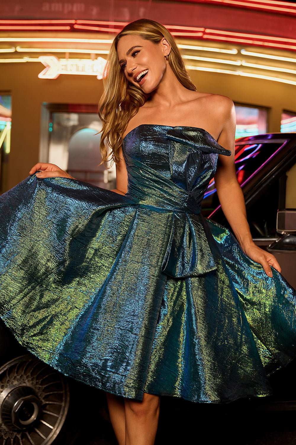 Sparkly Metallic Strapless Peacock Green Ruched A Line Short Prom Dress