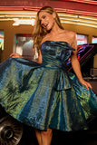 Sparkly Metallic Strapless Peacock Green Ruched A Line Short Prom Dress