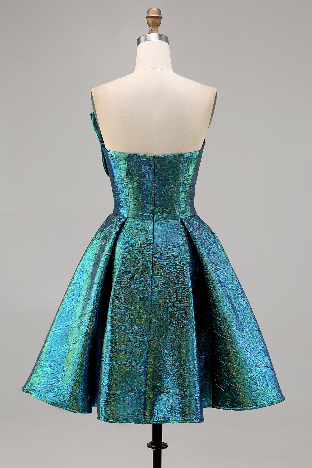 Metallic Ruched Peacock Green Strapless A Line Cocktail Dress