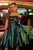 Sparkly Metallic Strapless Peacock Green Ruched A Line Short Prom Dress