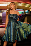 Sparkly Metallic Strapless Peacock Green Ruched A Line Short Prom Dress