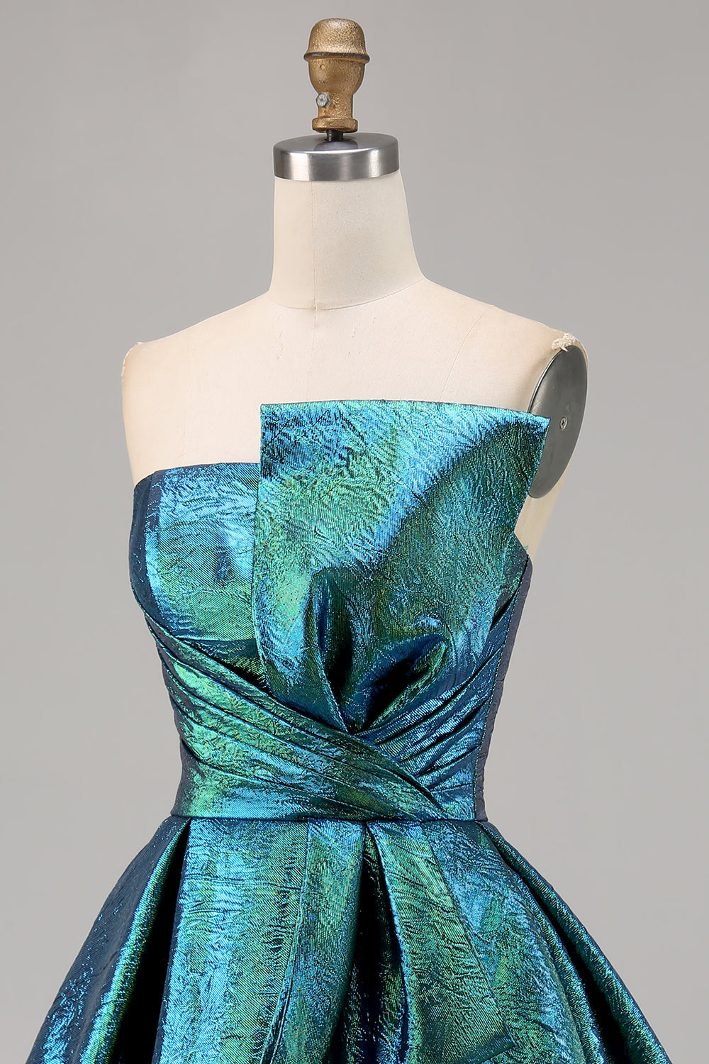 Metallic Ruched Peacock Green Strapless A Line Cocktail Dress