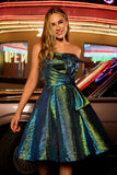Sparkly Metallic Strapless Peacock Green Ruched A Line Short Prom Dress