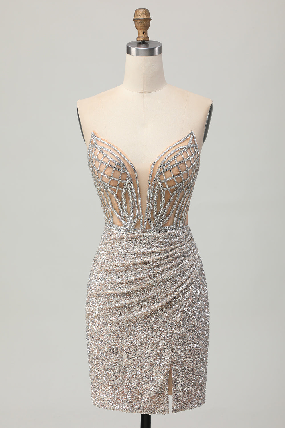 Silver Strapless Bodycon Sequins Cocktail Dress with Slit