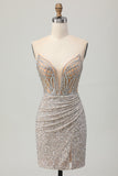 Sparkly Silver Bodycon Strapless Sequins Cocktail Dress with Slit