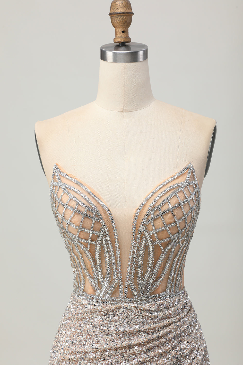 Silver Strapless Bodycon Sequins Cocktail Dress with Slit