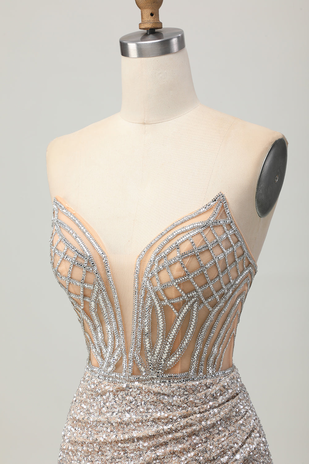 Silver Strapless Bodycon Sequins Cocktail Dress with Slit