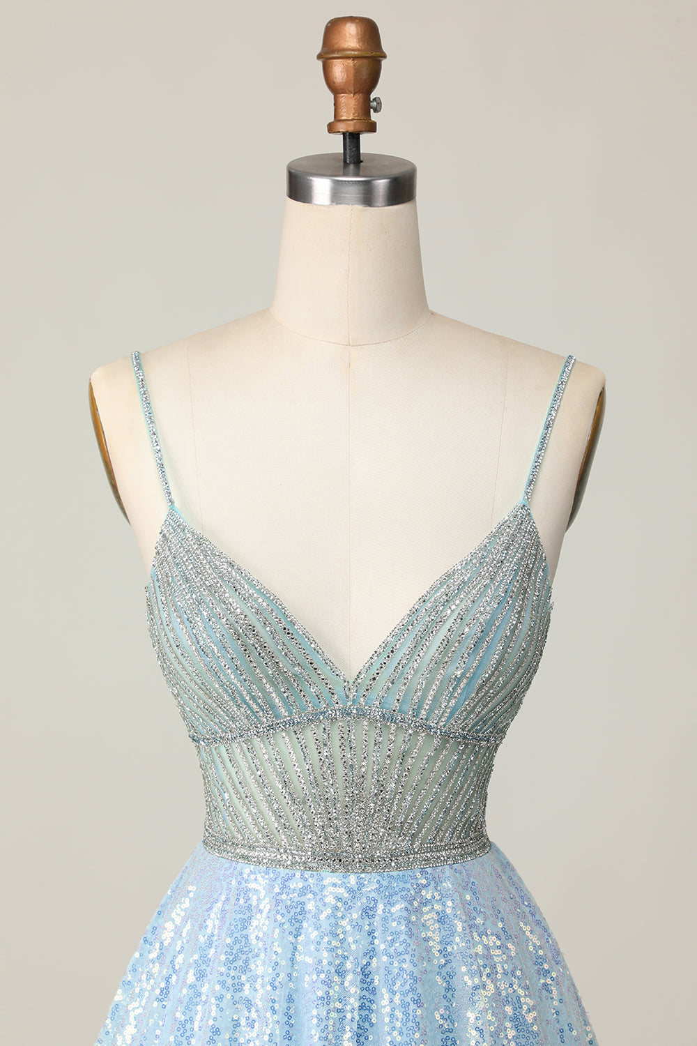 Sparkly Light Blue V Neck Sequin A Line Short Prom Dress