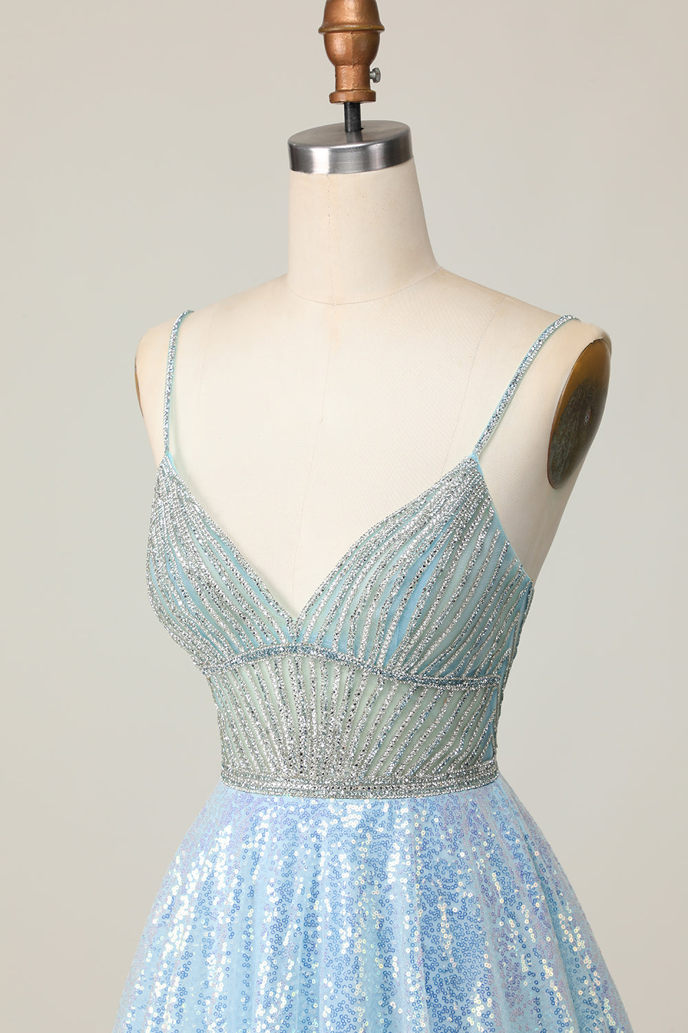 Sparkly Light Blue V Neck Sequin A Line Short Prom Dress