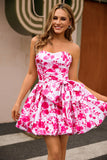 Strapless Fuchsia A Line Floral Short Prom Dress with Bow