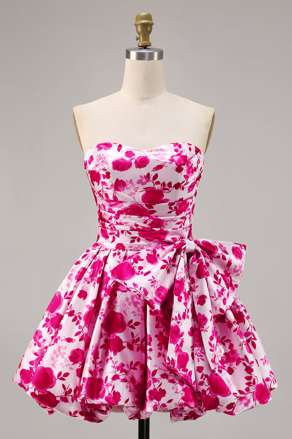 Strapless Fuchsia A Line Floral Short Prom Dress with Bow