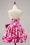 Strapless Fuchsia A Line Floral Short Prom Dress with Bow