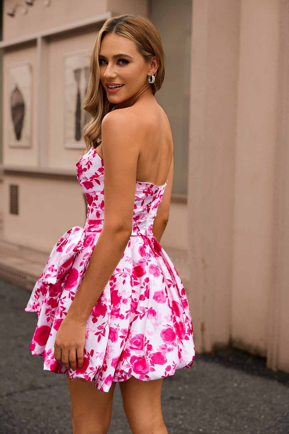 Strapless Fuchsia A Line Floral Short Prom Dress with Bow