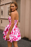 Strapless Fuchsia A Line Floral Short Prom Dress with Bow