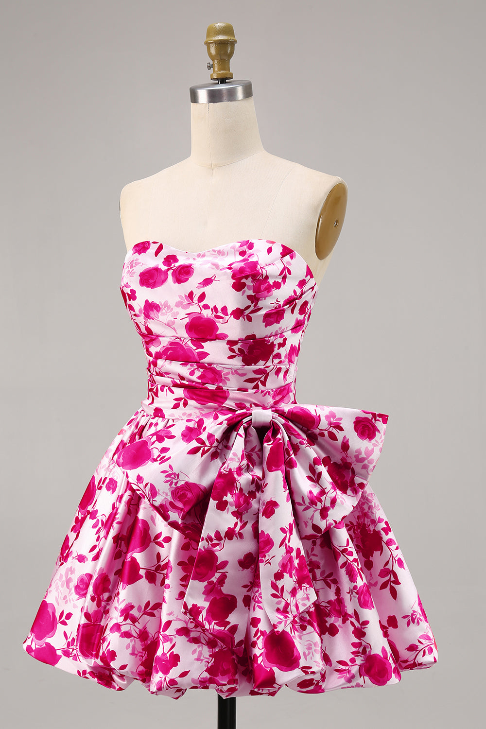 Floral Fuchsia Strapless A Line Cocktail Dress with Bow
