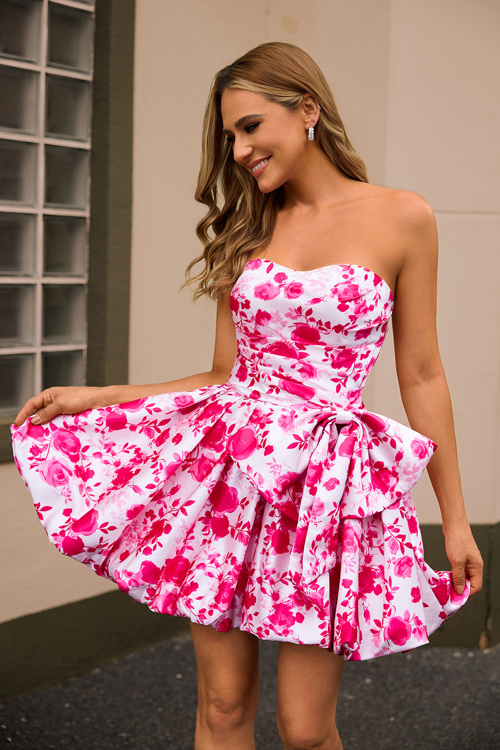 Strapless Fuchsia A Line Floral Short Prom Dress with Bow