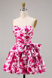 Floral Fuchsia Strapless A Line Cocktail Dress with Bow