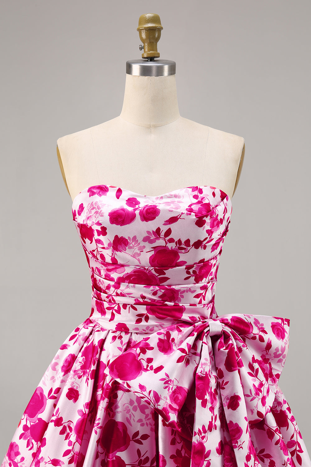 Floral Fuchsia Strapless A Line Cocktail Dress with Bow