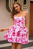 Strapless Fuchsia A Line Floral Short Prom Dress with Bow