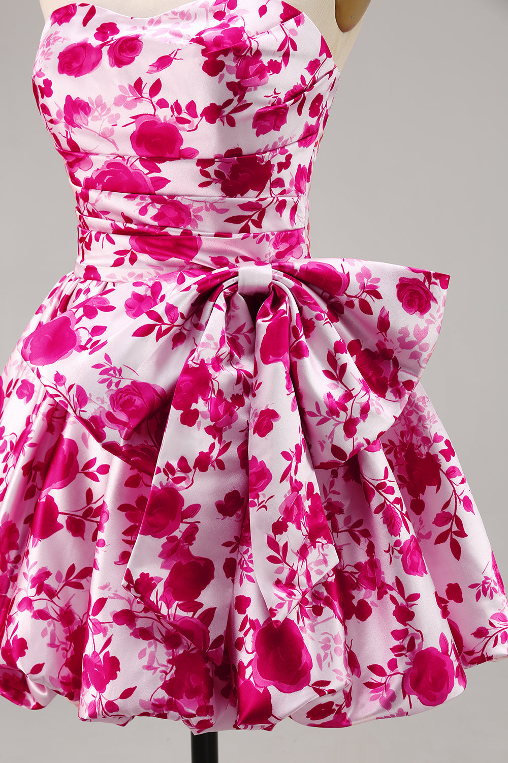 Floral Fuchsia Strapless A Line Cocktail Dress with Bow
