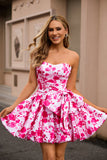 Strapless Fuchsia A Line Floral Short Prom Dress with Bow