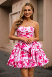 Strapless Fuchsia A Line Floral Short Prom Dress with Bow
