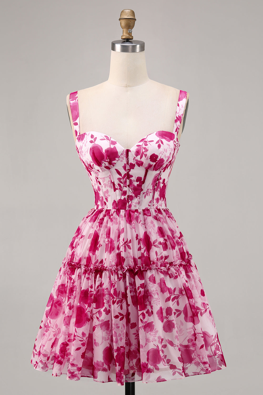Floral Fuchsia Corset Printed A Line Short Prom Dress